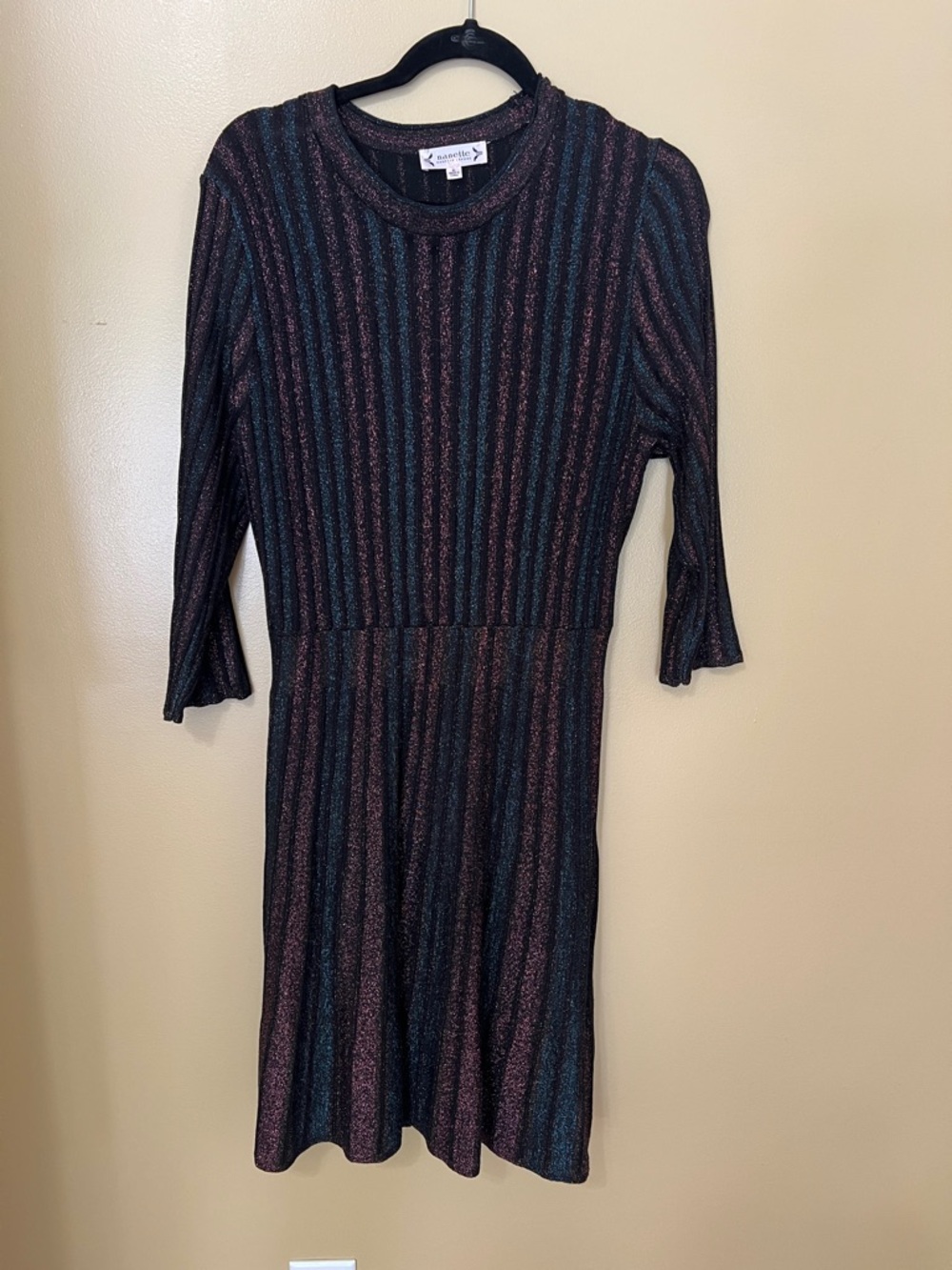 Nanette Lepore Black Dress with Teal & Pink Metallic Stripes - Long Sleeve